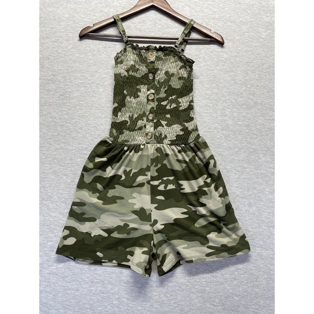 Eye Candy One Piece Romper Girls S Beige Green Camouflage Smocked Button Front